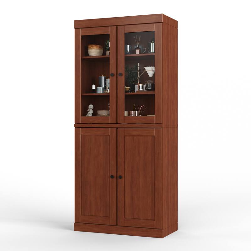 Palace Imports Solid Wood Pantry Cabinet, Raised Panel & Clear Glass Doors, 2 Drawers, Adjustable Shelves