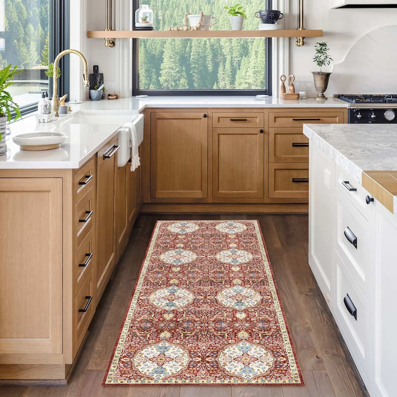 Gertmenian Crystal Print Soft Flat Pile Polyester Slip Resistant Washable Indoor Printed Area Rug Collection - 2' 2" x 6' - Kiran Red - Runner