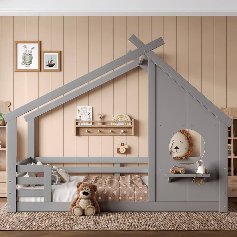 Montessori Kids House-shaped Floor Bed with Window and Shelf - Grey - Full