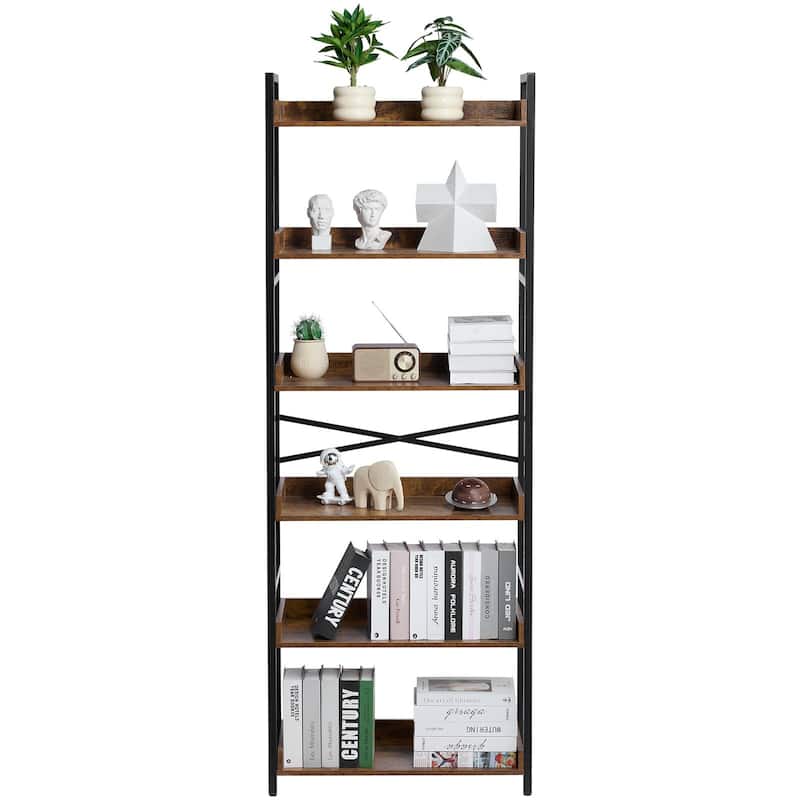 6-Tier Rustic Bookshelf with Black Metal Frame and Open Storage Space Perfect for Any Room - 25.59" x 11.81" x 69.29"