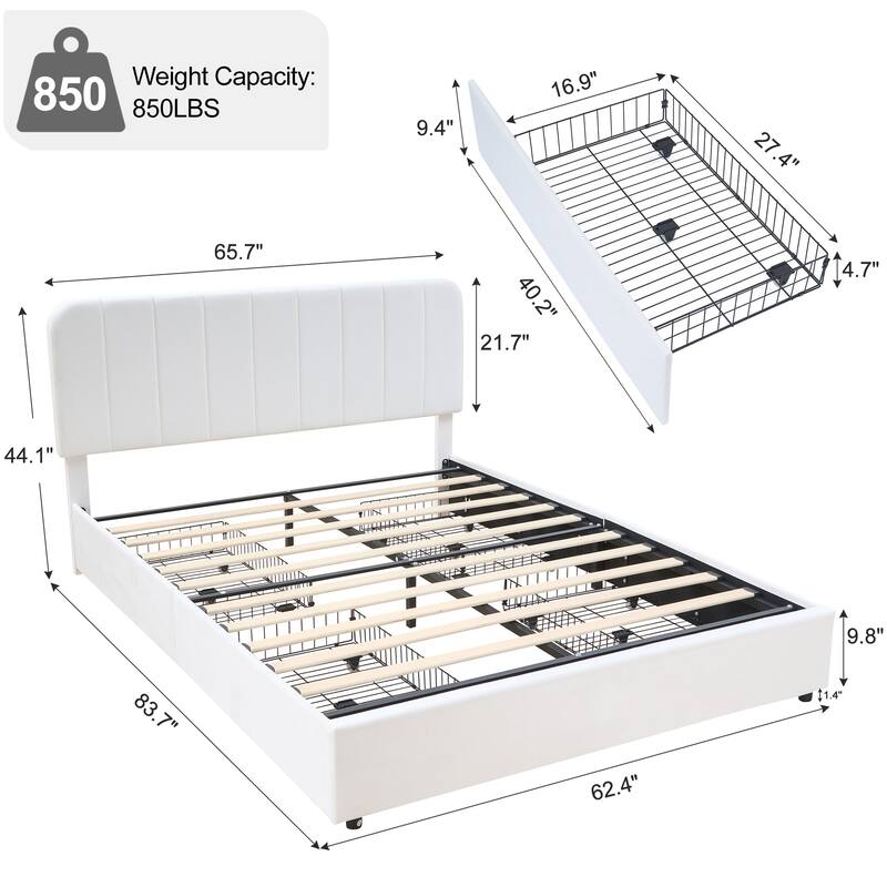 White Upholstered Platform Bed Frame with 4 Storage Drawers, Adjustable Velvet Rivets Headboard