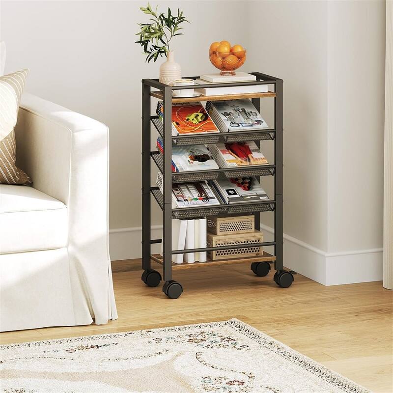 5 Tier Rolling File Organizer Cart with Wheels - 7.9"D x 16.5"W x 35.4"H - 7.9"D x 16.5"W x 35.4"H - Rustic Brown, Black