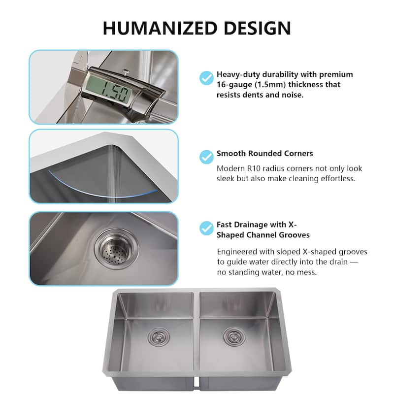 WOWOW 33" Drop-In Dual Bowl 16-Gauge Kitchen Sink