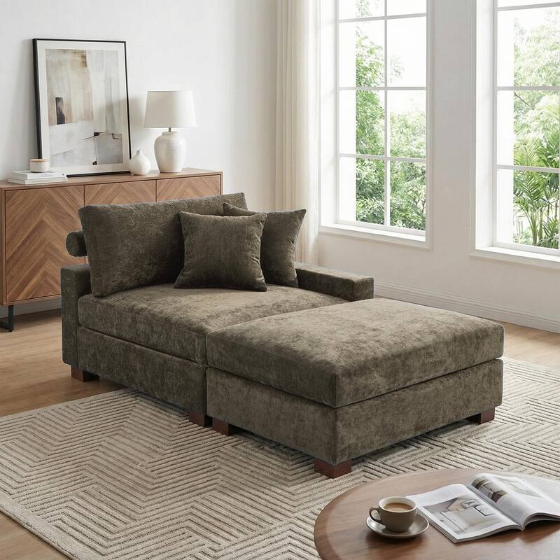 Modern Chenille Chaise Lounge Set with Ottoman