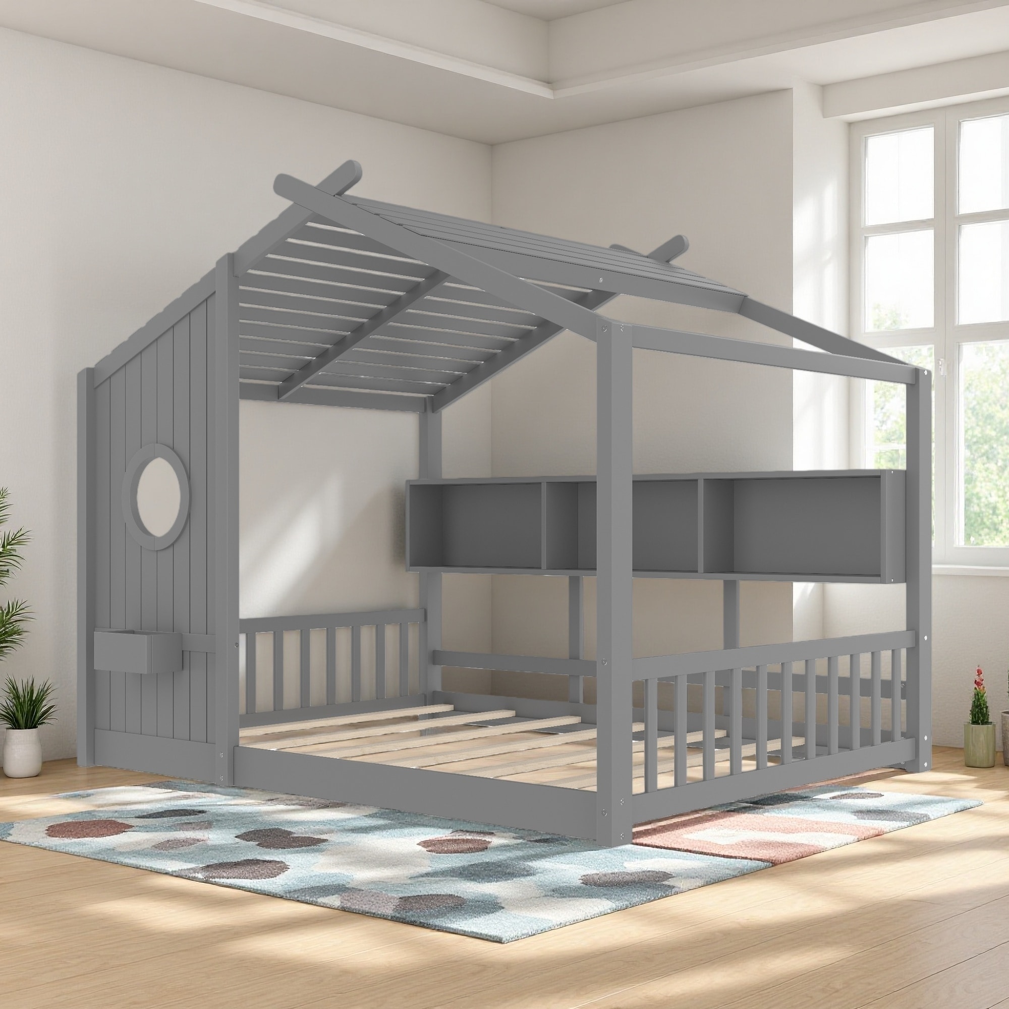 Full Size Pinewood Montessori Floor Bed with Roof, Storage Shelf Playhouse Design Kids House Bed with Safe Sleeping Space