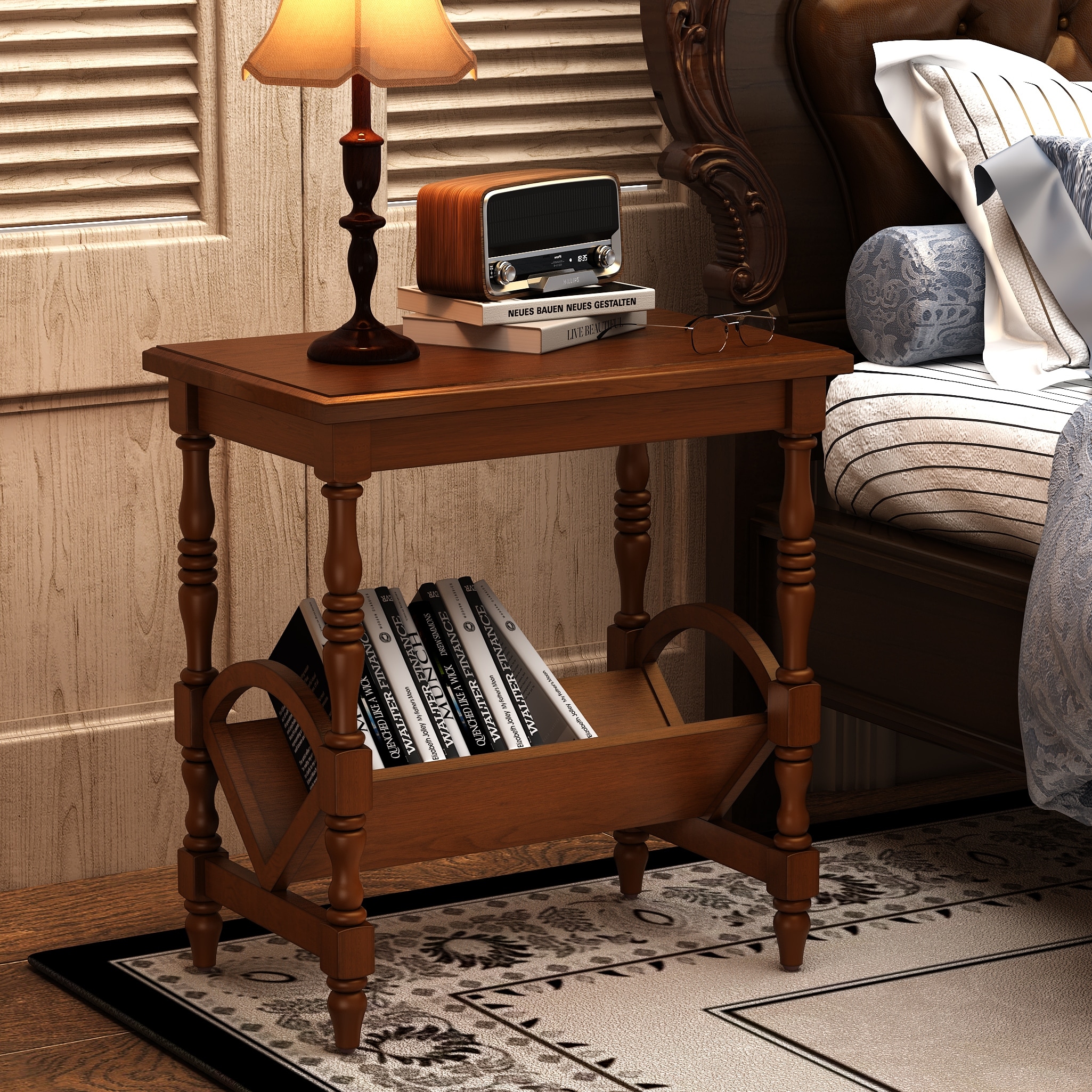 Wooden Side Table Accent Table, End Table Coffee Table with Magazine Rack, Classic Bedside Table with Storage Shelf