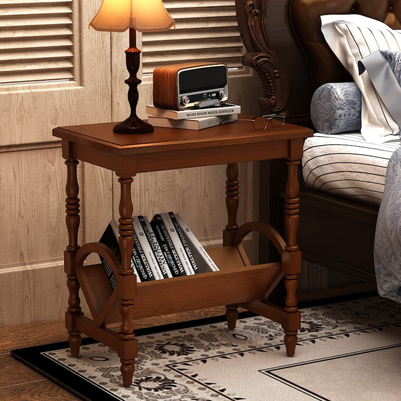Wooden Side Table Accent Table, End Table Coffee Table with Magazine Rack, Classic Bedside Table with Storage Shelf - Cherry