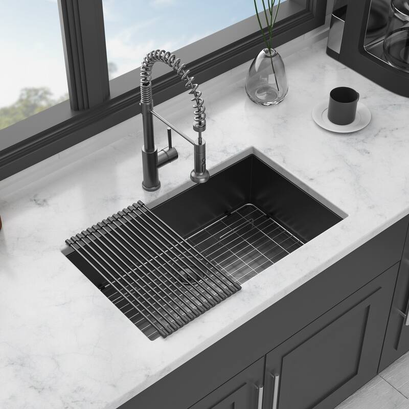 Undermount Singel Bowl Kitchen Sink 16 Gauge Stainless Steel with 9 Inch Deep - Gunmetal Black