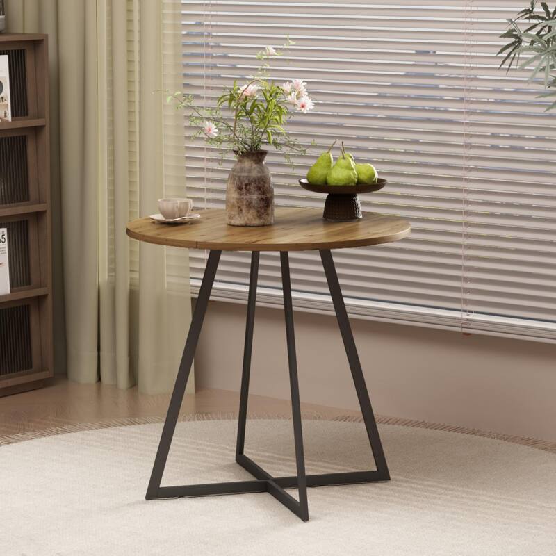 Anmytek Round Dining Table Modern Wood Top and Metal Frame Brown Industrial Kitchen Table