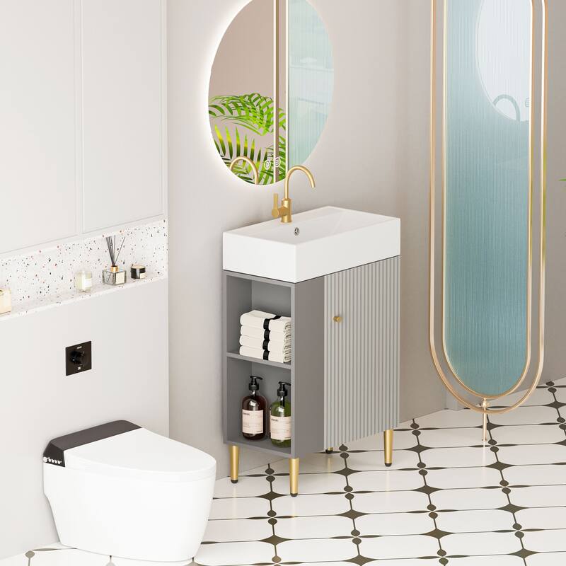 Compact White Bathroom Vanity with Ceramic Sink, Soft-Closing Cabinet, and Brushed Copper Accents for Small Spaces