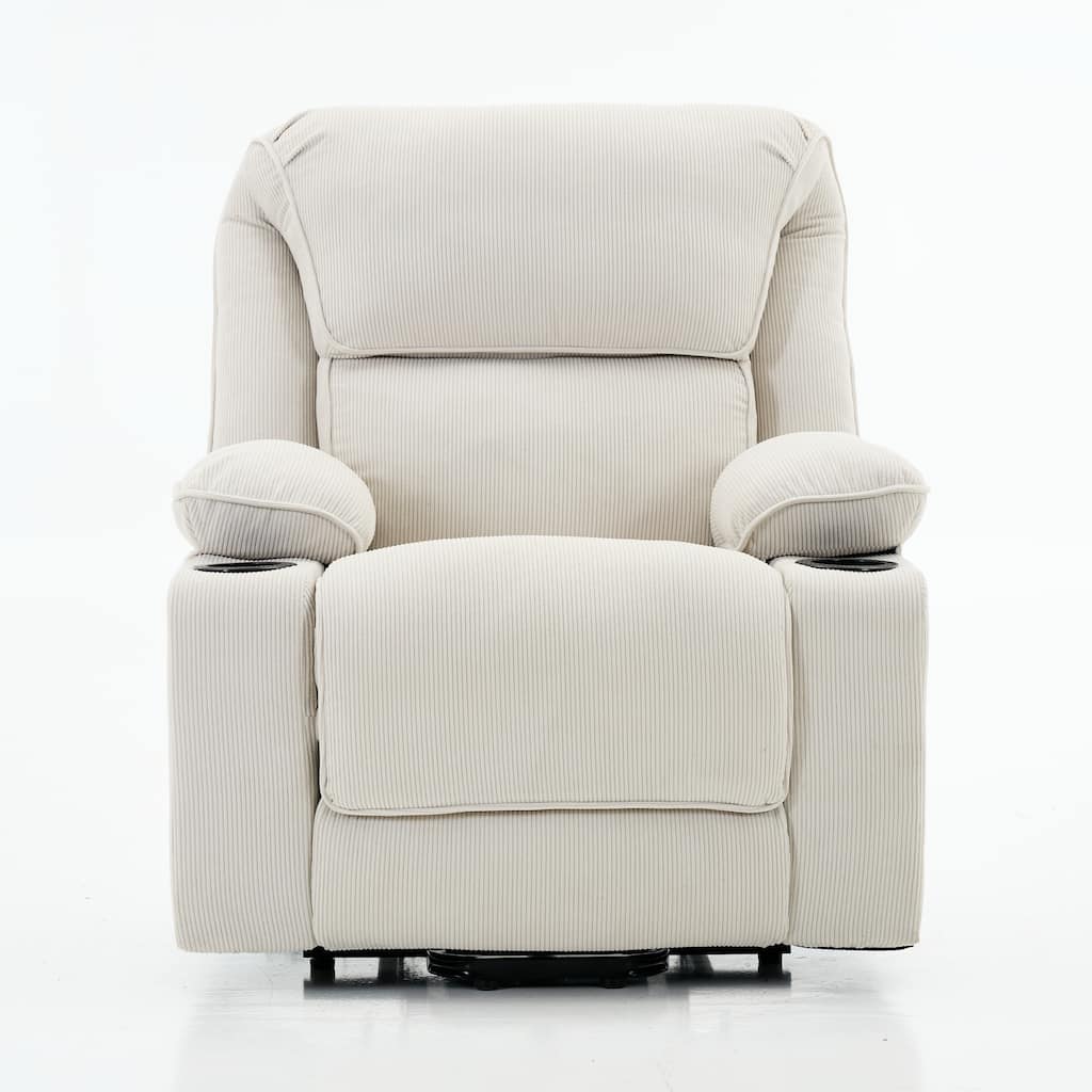 Corduroy Power Lift Recliner Chair with Heating & Massage, Heavy Duty Reclining Sofa with 2 Cup Holders & Side Pockets