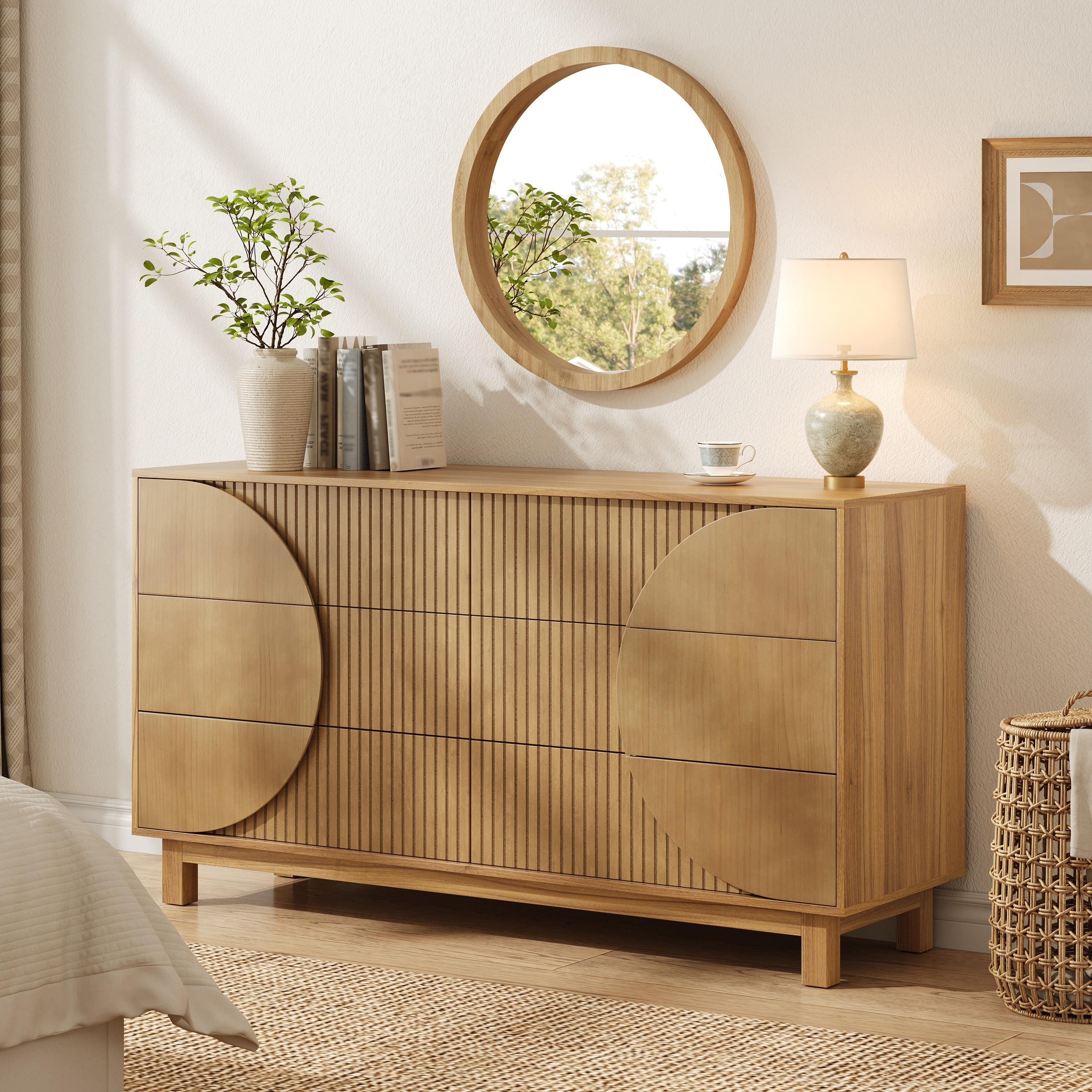 Modern 6 Drawer Fluted Dresser,60"W Modern Chest of Drawers,TV Stand with Solid Wood Legs,Clothes Organizer with 6 Deep Drawers