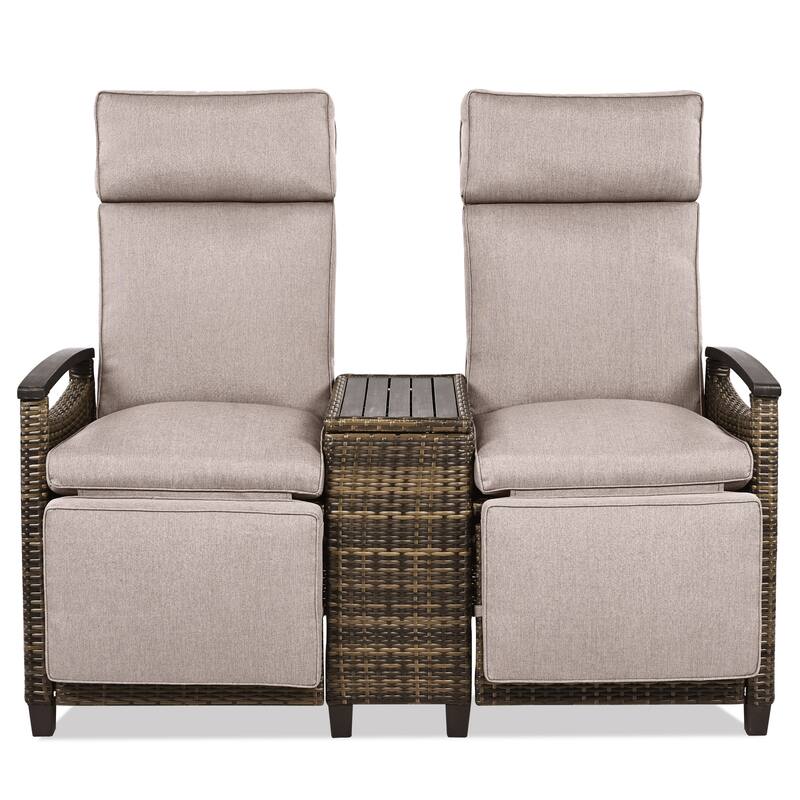 Outdoor Patio Recliner Loveseat Chair with Adjustable Backrest, All Weather 2 Seater PE Wicker Lounge Chair with Storage Box - Brown