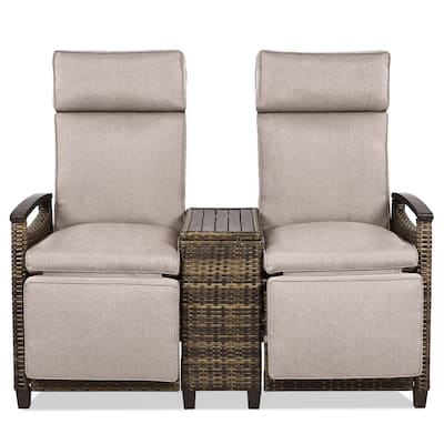 Outdoor Patio Recliner Loveseat Chair with Adjustable Backrest, All Weather 2 Seater PE Wicker Lounge Chair with Storage Box
