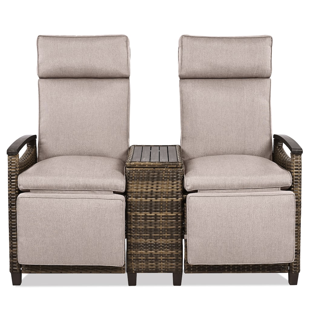 Outdoor Patio Recliner Loveseat Chair with Adjustable Backrest, All Weather 2 Seater PE Wicker Lounge Chair with Storage Box