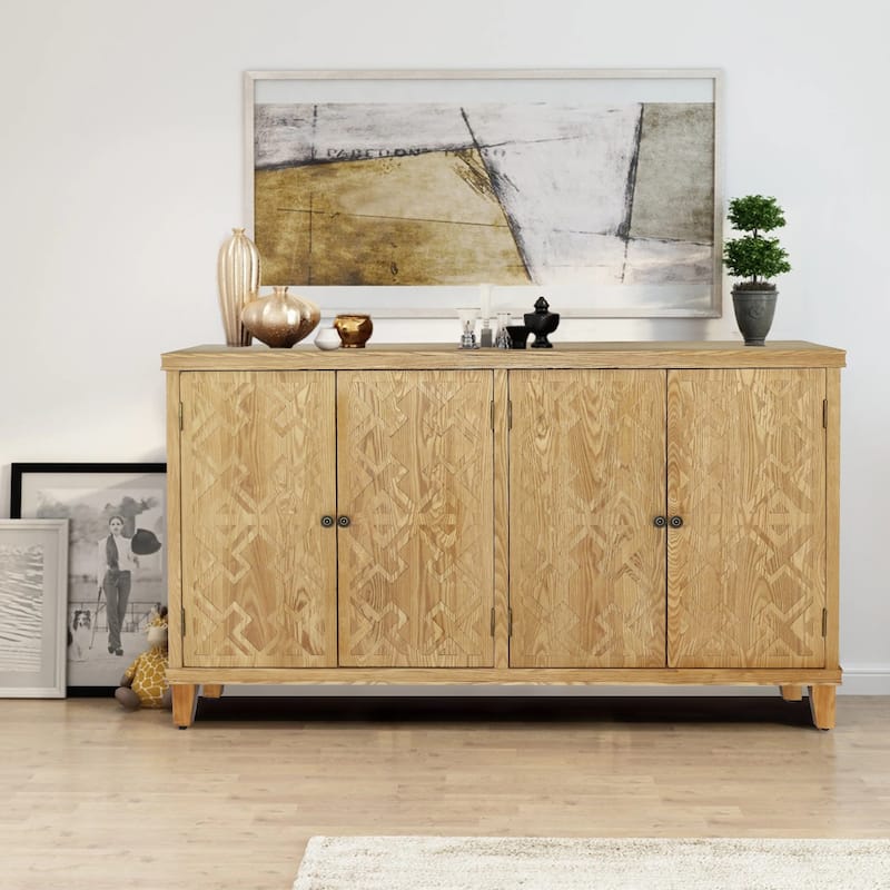 59" Brown Accent Cabinet with 4 Doors, Natural Wood Buffet Cabinet, Media Cabinet, Console Cabinet