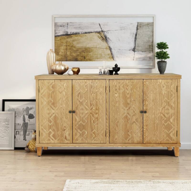 59" Natural Wood Media Console- 4-Door Accent Cabinet for Living Room, Entryway or Bedroom - Versatile Buffet &Storage Solution‌