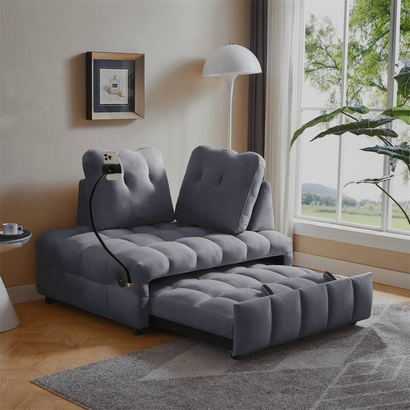 Velvet Pull Out Sofa with Removable Backrest,USB Port and Phone Stand