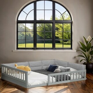 Wood Full Size Upholstered Platform Bed with Guardrail and Pillow