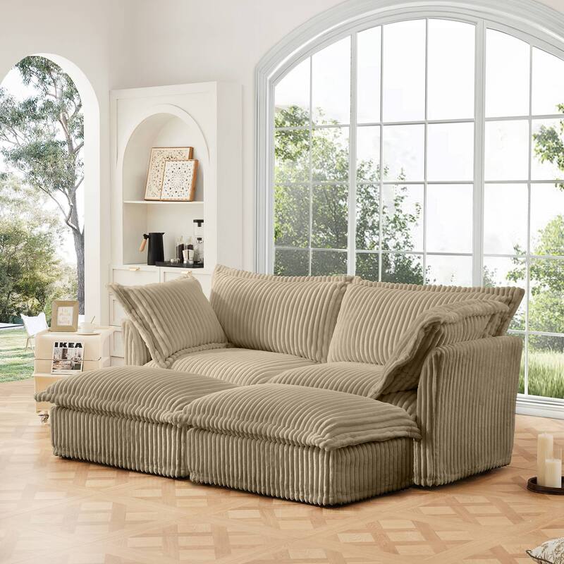Modern 2 Seater Upholstered Sofa with 2 Ottomans and 2 Pillows
