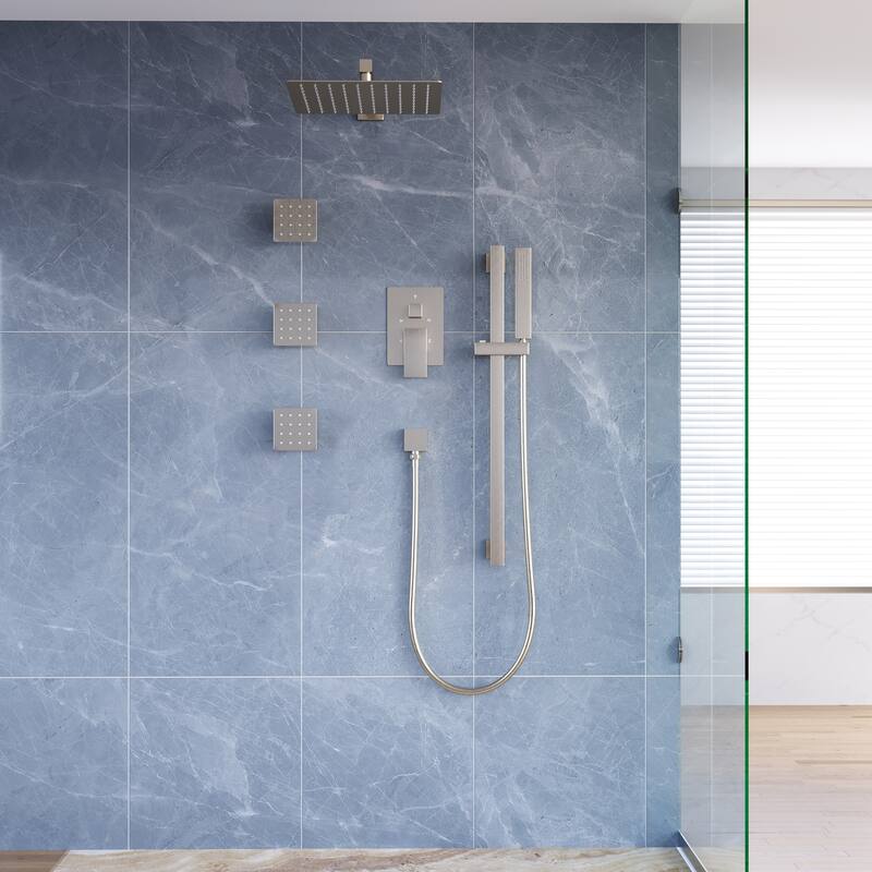 3-Function Shower System With 12" Ultra-Thin Square Shower Head,Body Jets And Hand Shower(Valve Included)