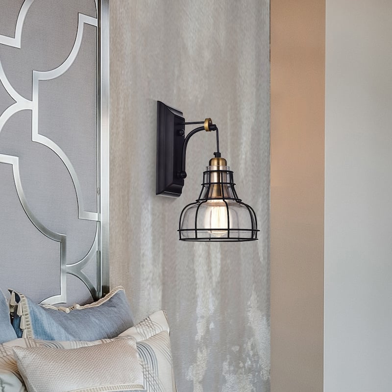 Black and Antique Gold 1-Light Indoor Wall Sconce with Clear Glass
