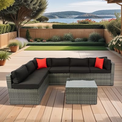 5 Pcs Outdoor Sectional Sofa Set, All-Weather PE Rattan Conversation Furniture Set with Coffee Table and 2 Pillows