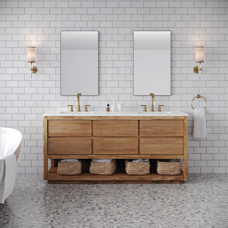 Oakman Mango Wood Carrara White Marble Countertop Bath Vanity with Faucet