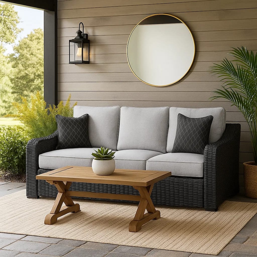 Tira Outdoor Sofa, 83 Inch, 2 Accent Pillows, Gray, Black Woven Wicker