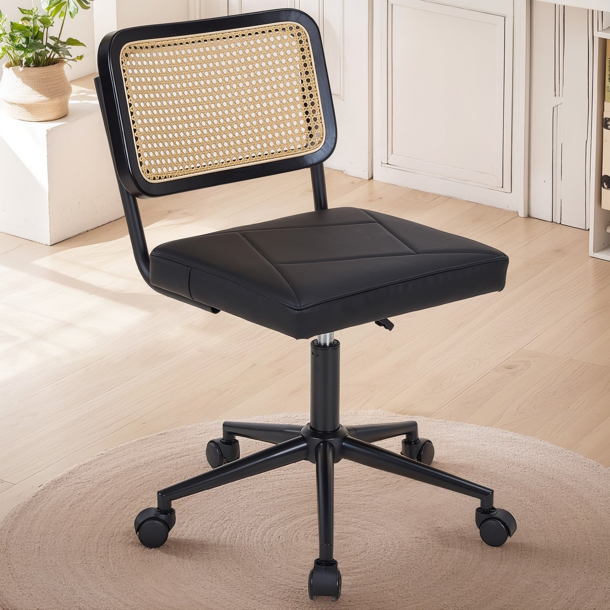 Javlergo Armless Home Office Desk Chair, Height Adjustable PU Leather Computer Task with 360° Swivel Rolling Wheels