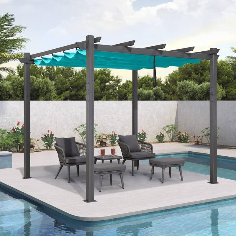PURPLE LEAF Gazebo Outdoor Retractable Modern Yard Metal Grape Trellis Pergola with Canopy. - 10ft x 10ft - Turquoise Blue