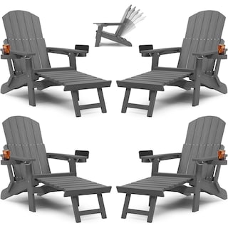 WINSOON All Weather HIPS Folding Adirondack Chair with Ottoman, 5-Gear Adjustable Backrest and Retractable Ottoman Set of 4