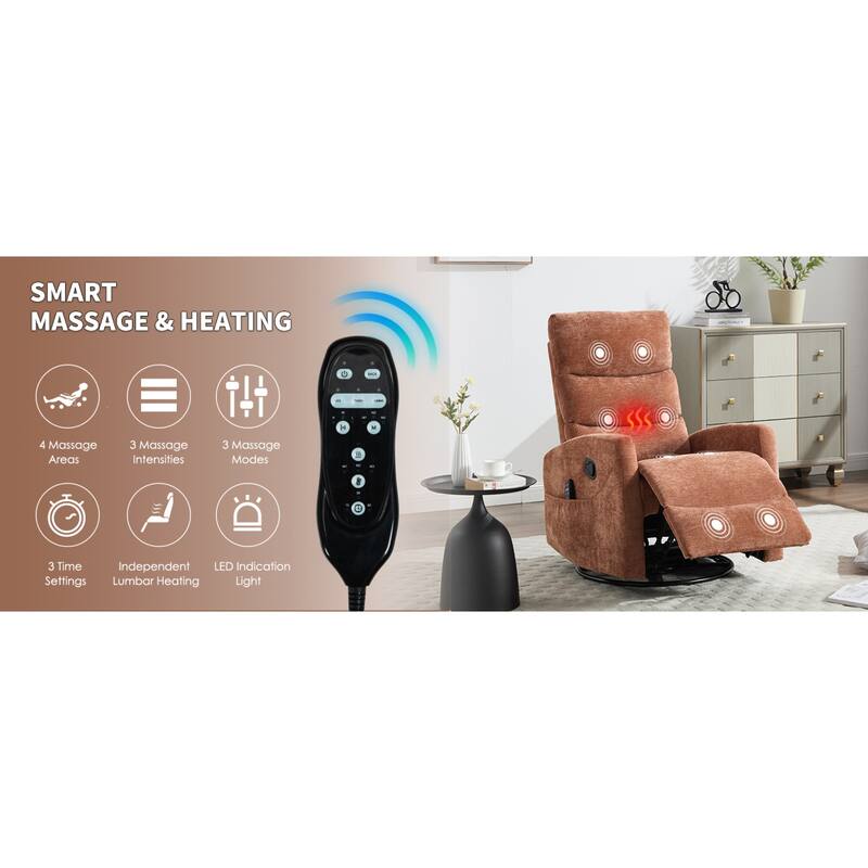 Roomfitters Manual Rocker Swivel Recliner Chair with Heat and Massage Fabric Glider Lounge Sofa for Living Room