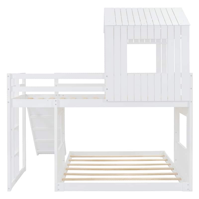 Wooden Twin Over Full Bunk Bed, Loft Bed with Playhouse, Farmhouse, Ladder, Slide and Guardrails, White