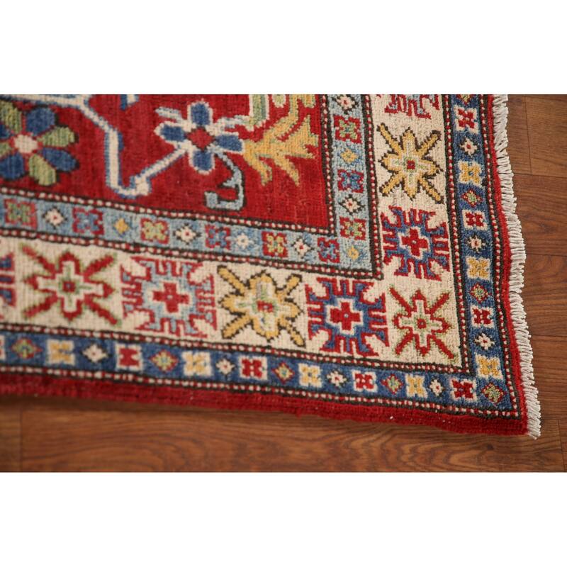 Geometric Red Kazak Oriental Rug Handmade Traditional Wool Carpet - 3'4"x 5'3"