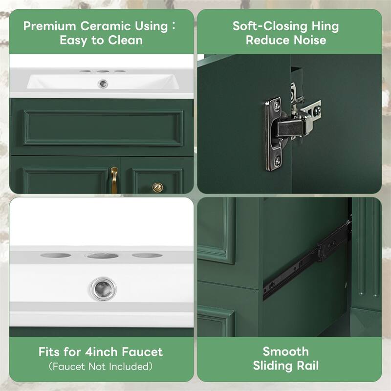 24" Bathroom Vanity with Ceramic Sink and 2 Drawers, Adjustable Shelf