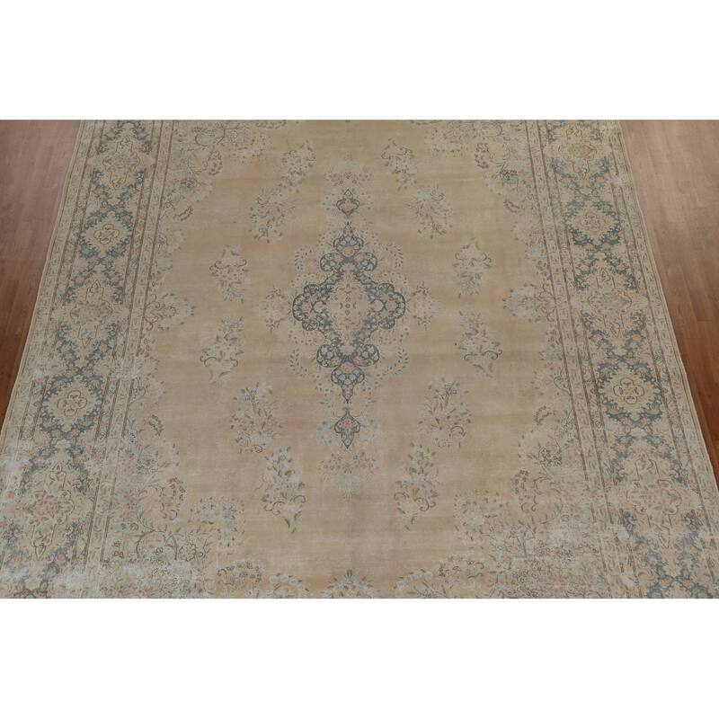 Distressed Floral Kerman Persian Area Rug Hand-knotted Wool Carpet - 10'1" x 14'1"