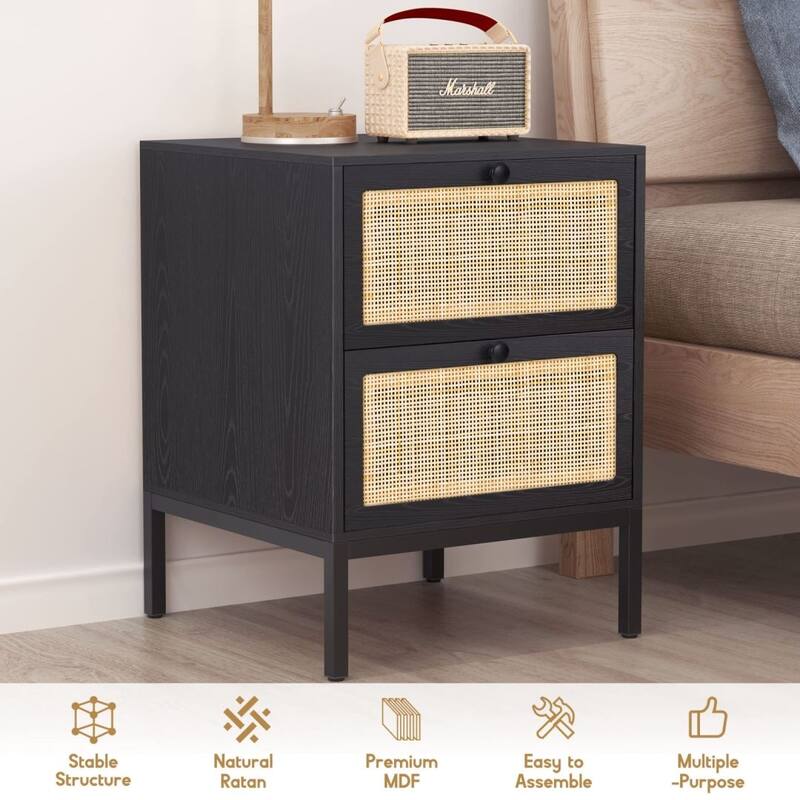 Boho Natural Rattan Nightstand with Drawer Set of 2