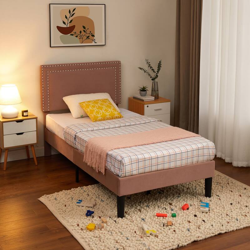 VECELO Upholstered Bed Frames with Height Adjustable Headboard