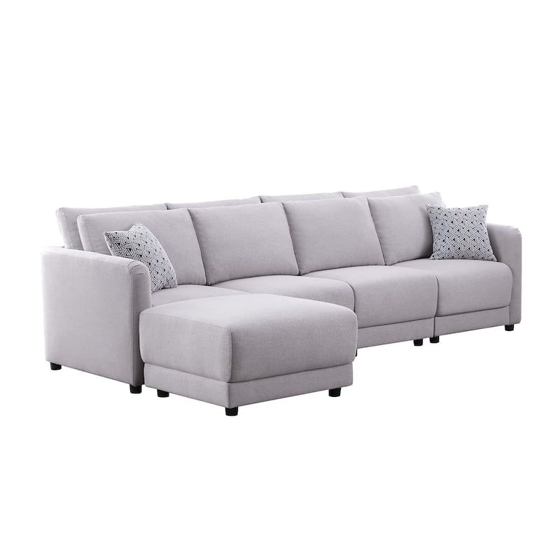 Linen Upholstered 4-Seater Sofa with Ottoman in Light Gray