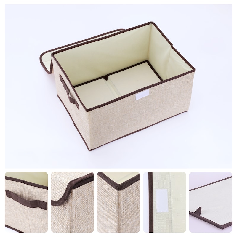 Fabric Storage Bin Cube with Handles and Lid for Shelves Closet, Collapsible Storage Basket for Organizing Clothes Books - Beige - 14*10*8in