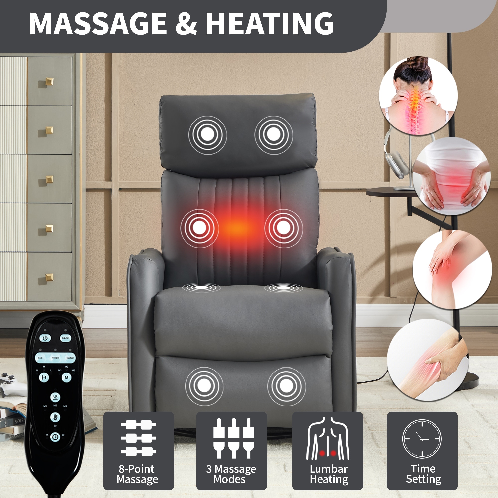 Heat Massage Chair, Manual Recliner Chair with Rocker & Swivel