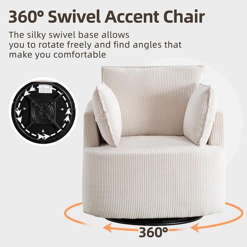 Swivel Accent Chair,360°Swivel Barrel Chair with 3 Pillows Corduroy Round Armchair Single Sofa Chair for Living Room Bedroom