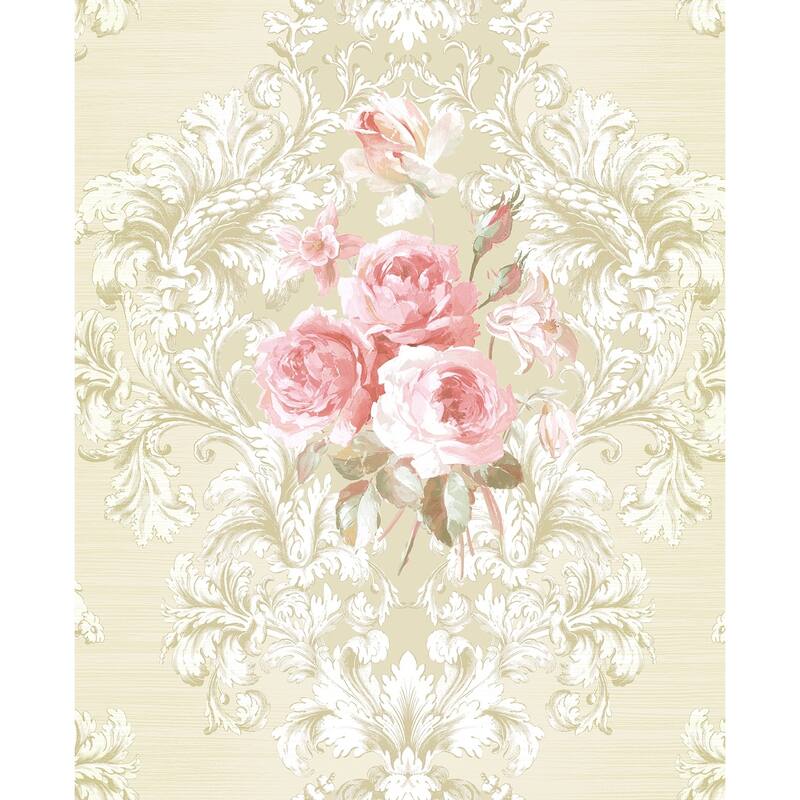 Seabrook Designs Vesper Floral Cameo Unpasted Wallpaper - 20.5 in W x 33 ft. L - Metallic Tan & Petal Pink