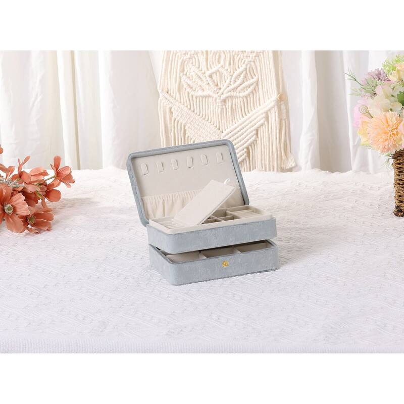 2 Layer Jewelry Box for Women, Plush Velvet Jewelry Organizer Case Storage Display Holder with Drawer, Removable Jewelry Tray