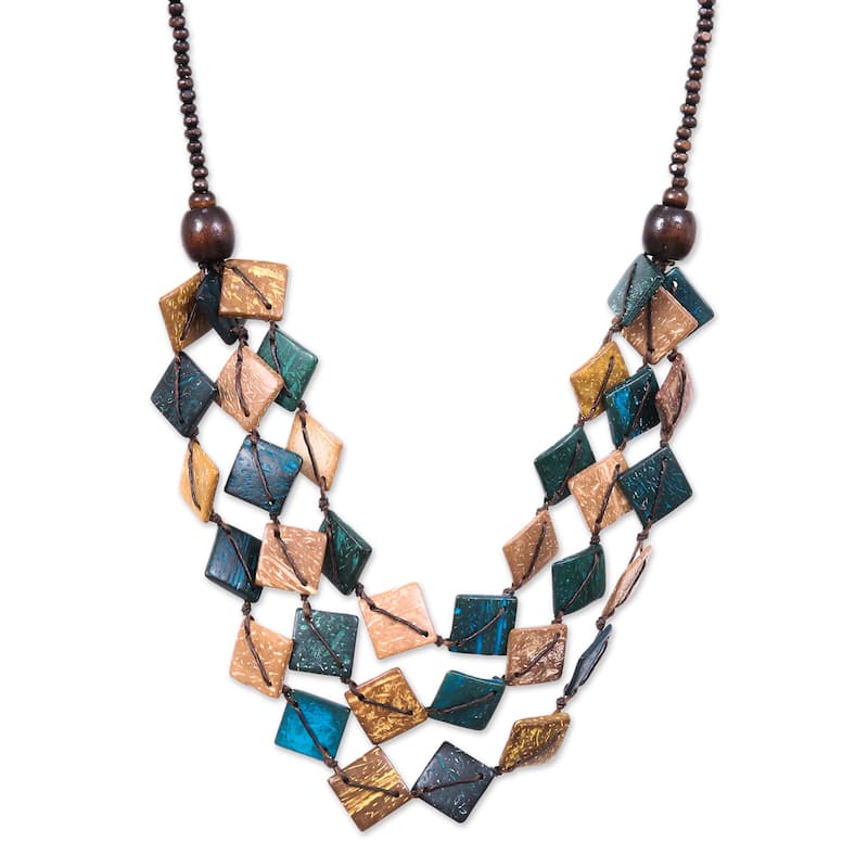 Novica Handmade Coastal Diamonds Wood And Coconut Shell Beaded Strand Necklace