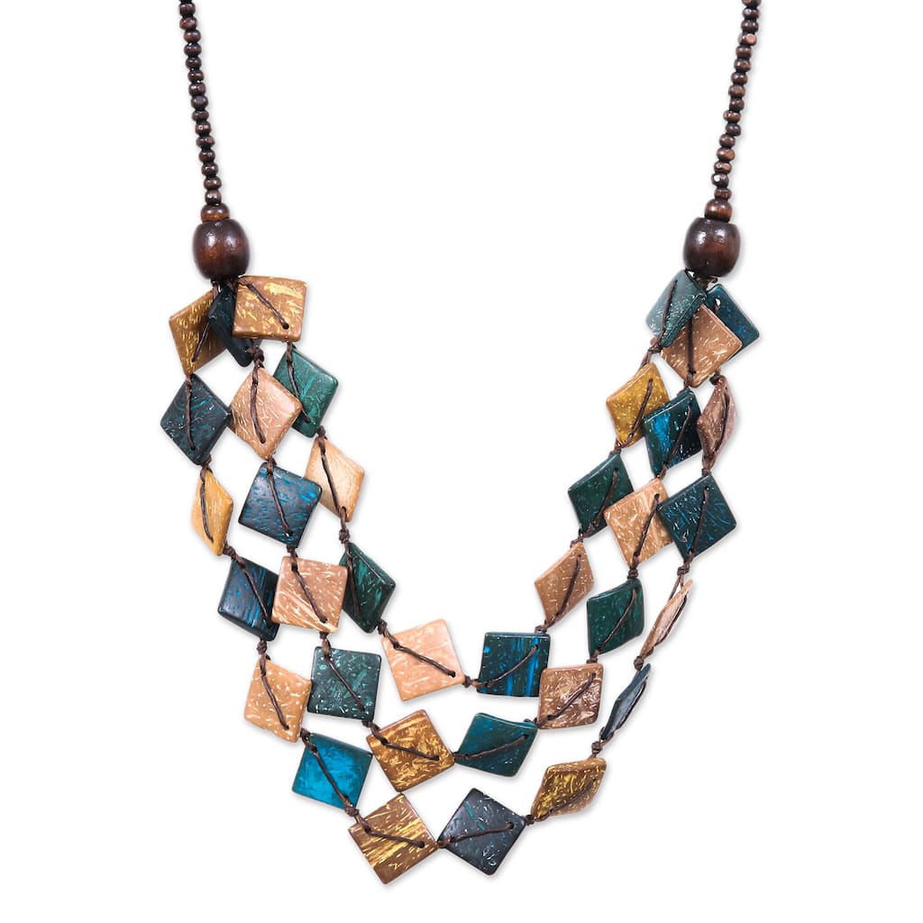 Novica Handmade Coastal Diamonds Wood And Coconut Shell Beaded Strand Necklace