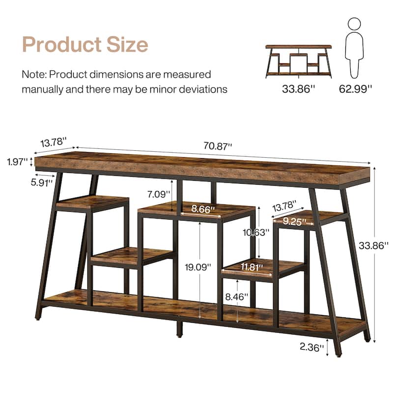 70.87-Inch Industrial Console Table for Entryway, Sofa Table with 7-Tier Storage Shelves - 13.78" D x 70.87" W x 33.46" H
