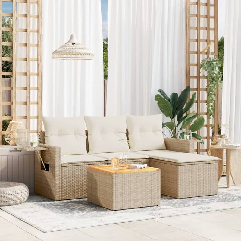 vidaXL Garden Sofa Set 5 Piece with Cushions Outdoor Sofa Set Poly Rattan - 21.7 x 21.7 x 14.6 in (W x L x H) - Beige and Cream