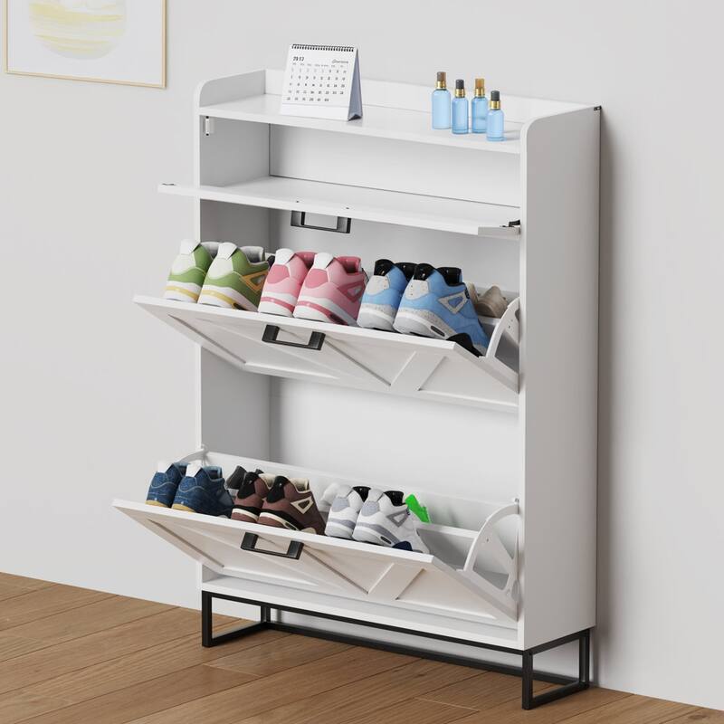 EROMMY Farmhouse Freestanding Shoe Cabinet with 2 Flip Drawers, Large Entryway Storage with Adjustable Shelves and Side Hooks
